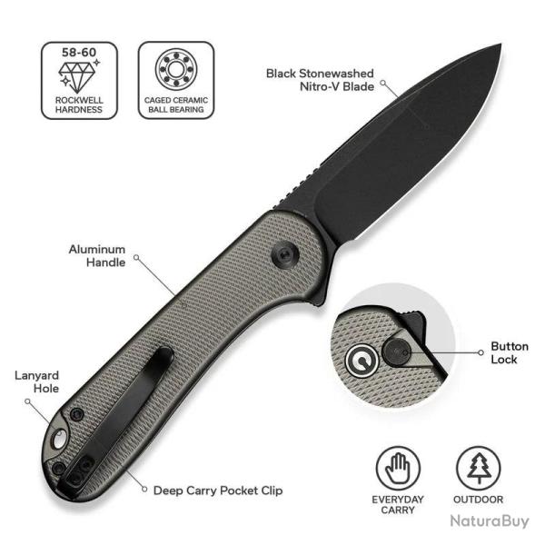 Couteau Civivi Elementum II Lame Acier Nitro-V Noire Manche Aluminium Gris Button Lock C18062PD1