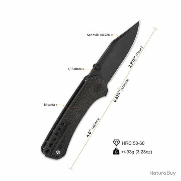 Couteau QSP Kestrel Lame Acier 14C28N Noire Manche Micarta Marron Linerlock QS145A2