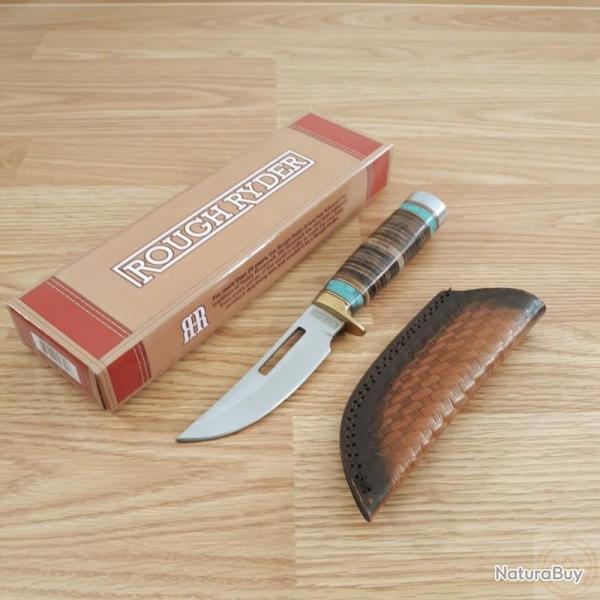 Couteau Fixe Rough Ryder Skinner Lame Acier Inoxydable Manche Cuir Turquoise �tui Cuir RR2390