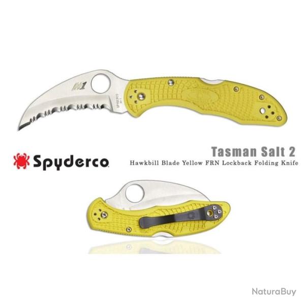 Couteau Spyderco Tasman Salt 2 Lame Acier H2 Dentel�e Manche FRN Jaune Back Lock Japon SC106SYL2