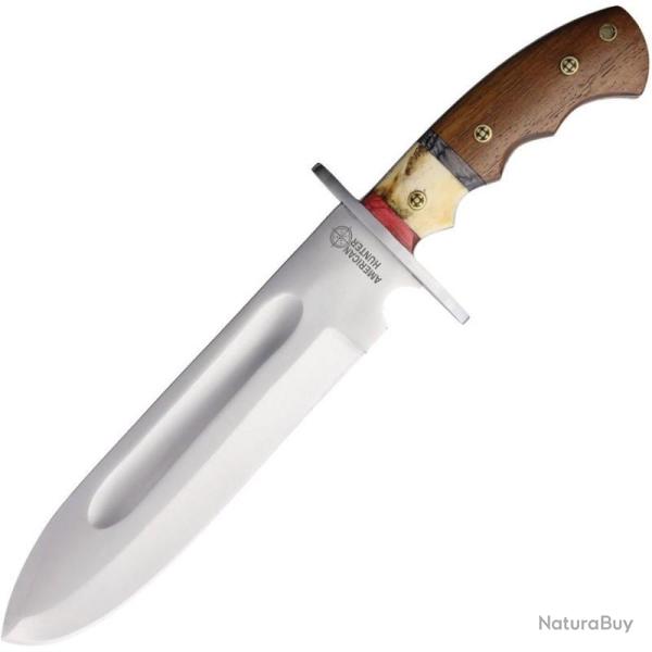 Couteau Fixe American Hunter Bowie Lame Inox Gorge de Sang Manche Bois et Os Housse Cuir AH029