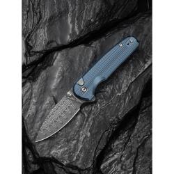 Couteau Civivi Mini Shakan Lame Acier Damas Manche Aluminium Ripple Bleu Button Lock C20052FDS1