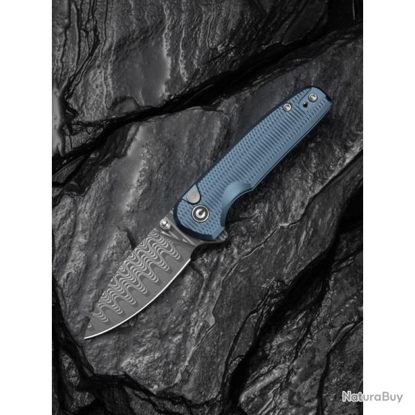 Couteau Civivi Mini Shakan Lame Acier Damas Manche Aluminium Ripple Bleu Button Lock C20052FDS1