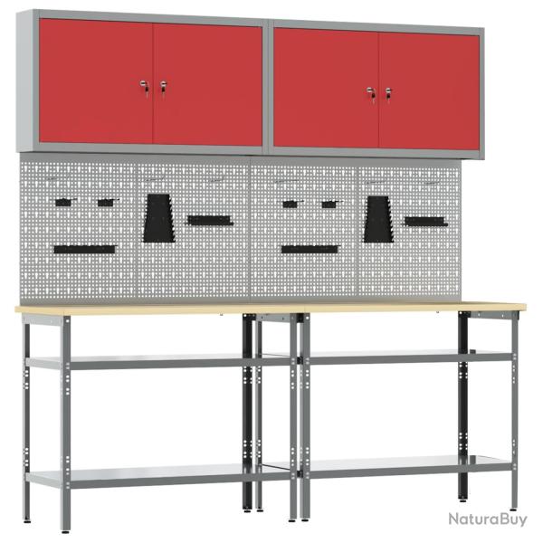 Ensemble d'�tabli, 8 pi�ces, rouge et gris, pour l'atelier, 200 � 55 � 200 cm