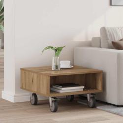 Table d'appoint avec roues, ch&ecirc;ne artisanal, pour le salon, 50,5 &times; 50 &times; 30 cm