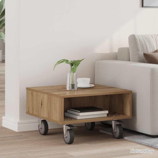 Table d'appoint avec roues, ch�ne artisanal, pour le salon, 50,5 � 50 � 30 cm
