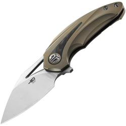 Couteau Bestech Nuke Lame Acier M390 Manche Titane Cuivre Carbone Marbr&eacute; Rouge Framelock BTKT2107B
