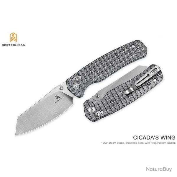 Couteau Bestech Cicada's Wing Lame Acier 10Cr15MoV Manche Inox Grenade PVD Gris B-Lock BTKMK06S1