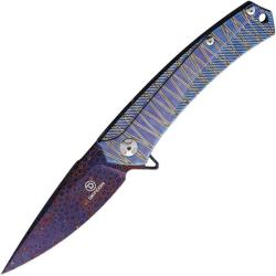 Couteau Pliant Defcon JK Series Lame Acier Damas Manche Titane Bleu Timascus Framelock TF4330