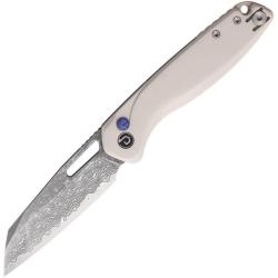 Couteau Pliant Defcon Warhawk Lame Acier Damas Manche PEEK Blanc Button Lock TD020WT