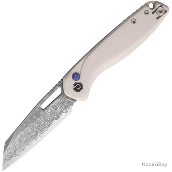 Couteau Pliant Defcon Warhawk Lame Acier Damas Manche PEEK Blanc Button Lock TD020WT