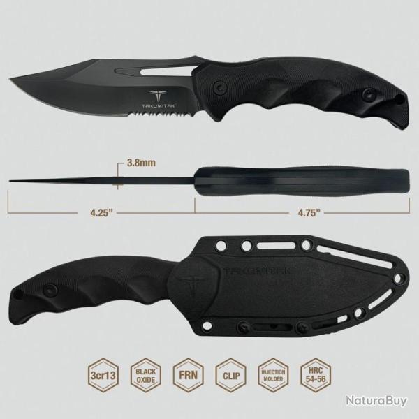 Couteau Fixe Takumitak Obsidian Lame Acier 3Cr13 Clip Point Manche FRN Noir �tui FRN TKF317
