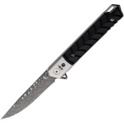 Couteau Linerlock BucknBear Hornet Lame Acier Damas Manche G10 Noir Sculpt&eacute; BNB42011