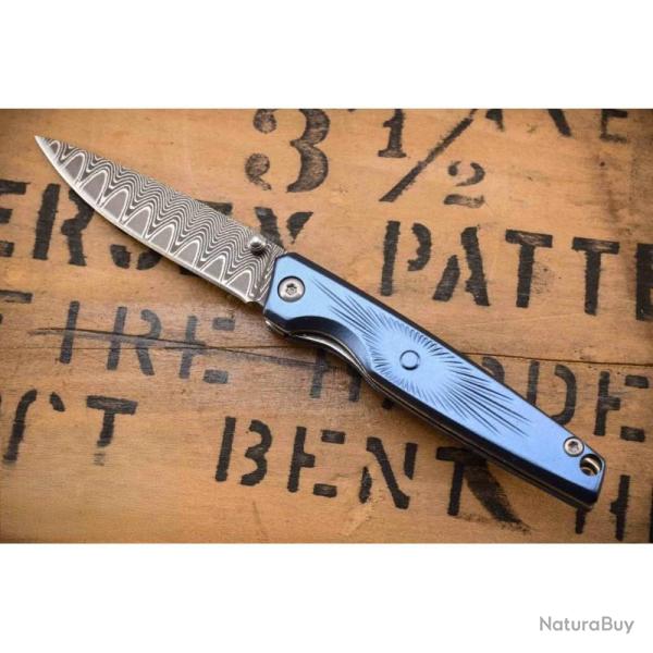 Couteau Damas Blue Rough Rider Lame Acier Damas Manche Aluminium Textur� Bleu Linerlock RR2695