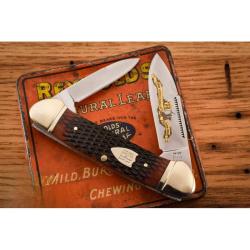Couteau 30th Anniversary Canoe Rough Rider Lame Inox Poli Miroir Manche Os Marron Quadrill&eacute; RR2627