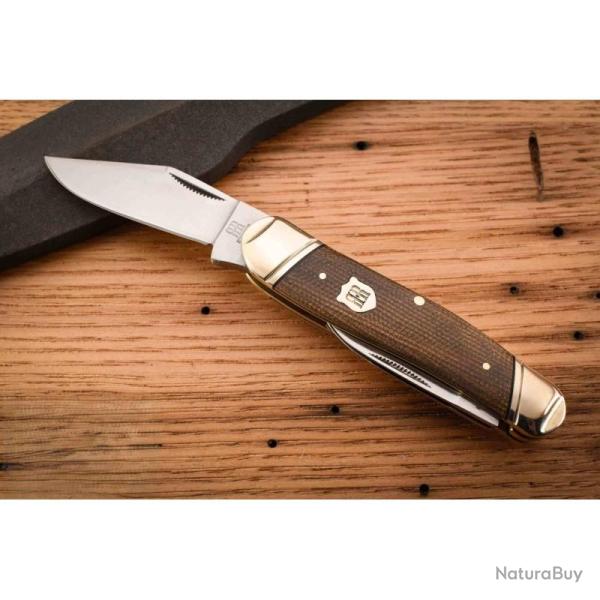 Couteau Whittler Brown Tater Skin Rough Rider Lame Inox Poli Miroir Manche Micarta Burlap RR2581
