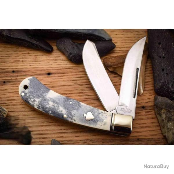 Couteau Black Appaloosa Upswept Bullet Rough Rider Lame Inox Poli Miroir Manche Os Blanc RR2483