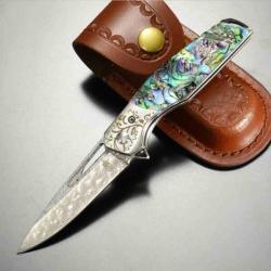 Couteau Linerlock BucknBear Abalone Lame Acier Damas Manche Nacre Abalone Etui Cuir BNB1991A