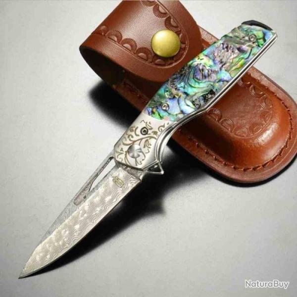 Couteau Linerlock BucknBear Abalone Lame Acier Damas Manche Nacre Abalone Etui Cuir BNB1991A