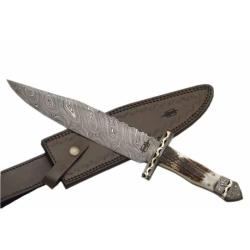 Couteau Fixe BucknBear Big Game Texas Bowie Lame Acier Damas Manche Corne de Cerf BNB16305