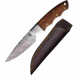 Couteau Fixe BucknBear Lame Acier Damas Manche Bois Rainur&eacute; &Eacute;tui Cuir BNB15248