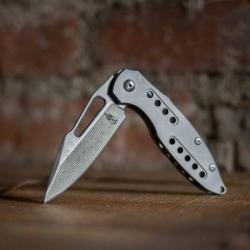 Couteau Framelock BucknBear Titanium Lame Acier Damas Manche Titane Satin&eacute; BNB1441TF