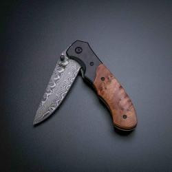 Couteau BucknBear Army Lame Acier Damas Manche Bois Loupe Linerlock BNB142267