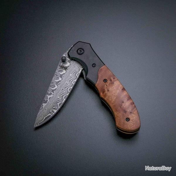 Couteau BucknBear Army Lame Acier Damas Manche Bois Loupe Linerlock BNB142267