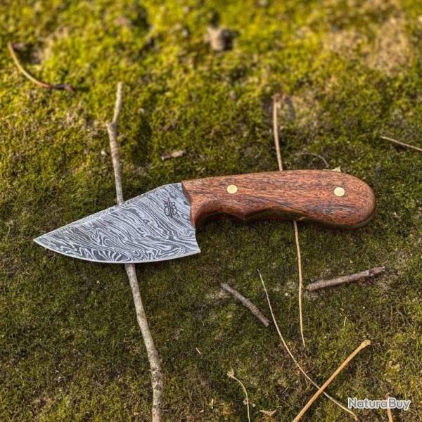 Couteau Fixe BucknBear Wild Skinner Lame Acier Damas Manche Bois Marron �tui Cuir BNB134660