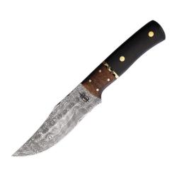Couteau Fixe BucknBear Hunter Lame Acier Damas Manche Eb&egrave;ne et Bois &Eacute;tui Cuir BNB134656