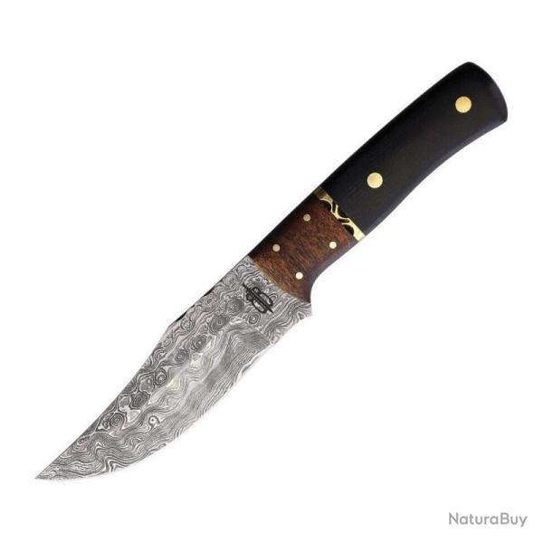 Couteau Fixe BucknBear Hunter Lame Acier Damas Manche Eb�ne et Bois �tui Cuir BNB134656