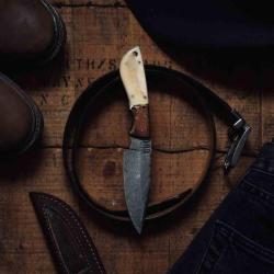 Couteau Fixe BucknBear Hunter DP Lame Acier Damas Manche Os et Bois &Eacute;tui Cuir BNB134652