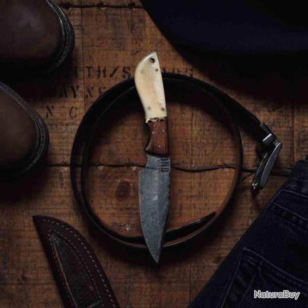 Couteau Fixe BucknBear Hunter DP Lame Acier Damas Manche Os et Bois �tui Cuir BNB134652
