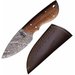 Couteau Fixe BucknBear Mini Skinner Lame Acier Damas Manche Bois Marron &Eacute;tui Cuir BNB134647