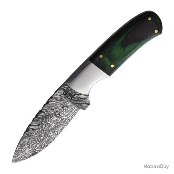 Couteau BucknBear Small Green Hunter Lame Acier Damas Manche Pakkawood Vert �tui Cuir BNB134635G