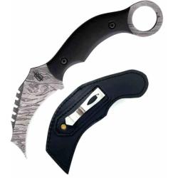 Couteau Fixe BucknBear Venom Karambit Lame Acier Damas Manche G10 Noir &Eacute;tui Cuir BNB1230KMB