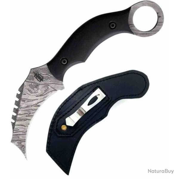 Couteau Fixe BucknBear Venom Karambit Lame Acier Damas Manche G10 Noir �tui Cuir BNB1230KMB