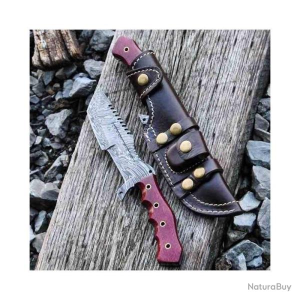 Couteau Fixe BucknBear Tanto Tracker Lame Acier Damas Manche G10 Rouge �tui Cuir BNB1225TT