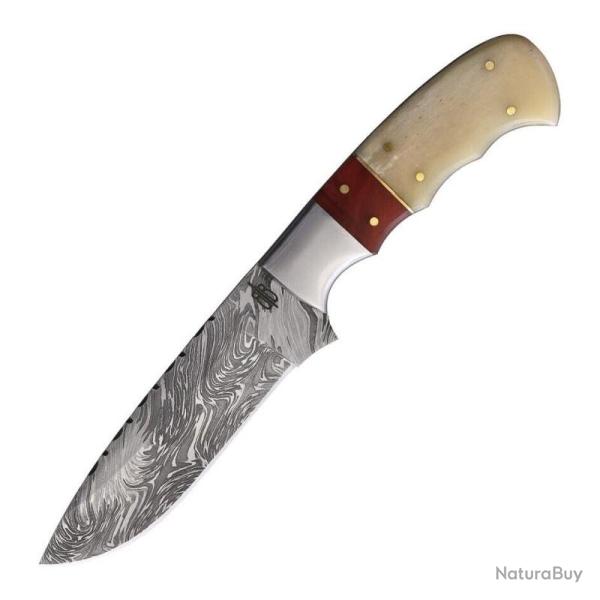 Couteau Fixe BucknBear Red Knight Hunter Lame Acier Damas Manche Micarta et Os �tui Cuir BNB02129