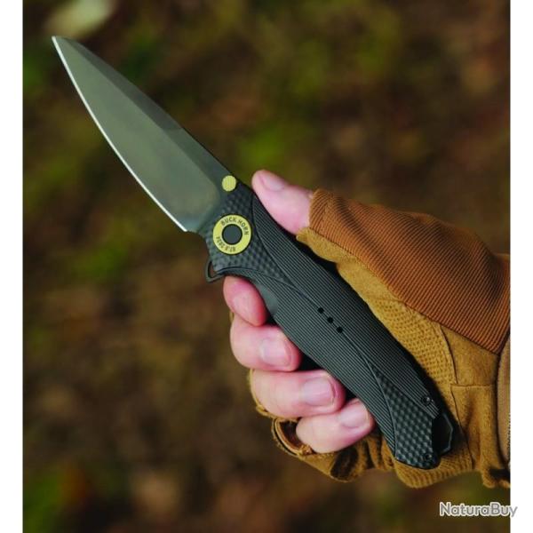 Couteau Karbon Buck Horn Noir Manche Aluminium Lame Acier 14C28N Bead Blast Linerlock KARB120
