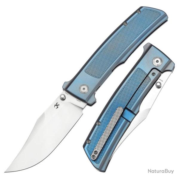 Couteau Pliant Kansept Bison Lame Bowie Acier CPM S35VN Manche Titane Bleu Frame Lock K1108A2