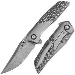 Couteau Pliant Kansept Deadite Lame Acier Damas Manche Titane Fibre de Carbone Frame Lock K1081A1