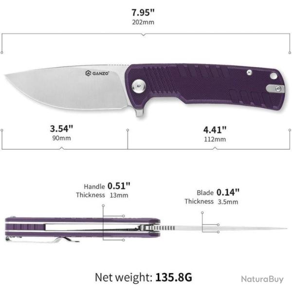 Couteau Ganzo G769 Violet Lame Acier D2 Manche G10 Linerlock Clip GAG769PL
