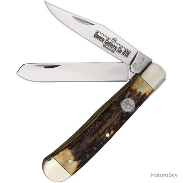 Couteau Pliant Queen Cutlery Trapper Lame Acier Carbone 1095 Manche Corne de Cerf USA QGSH54