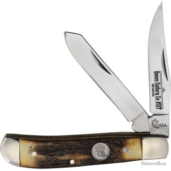 Couteau Pliant Queen Cutlery Mini Trapper Lame Acier Carbone 1095 Manche Bois de Cerf USA QGSH07