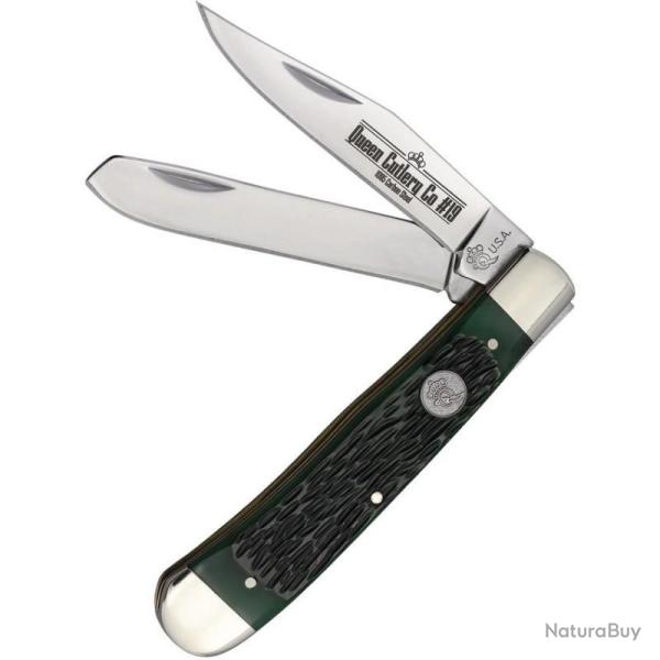 Couteau Pliant Queen Cutlery Trapper Lame Acier Inox Manche Os Vert USA QGPSB54