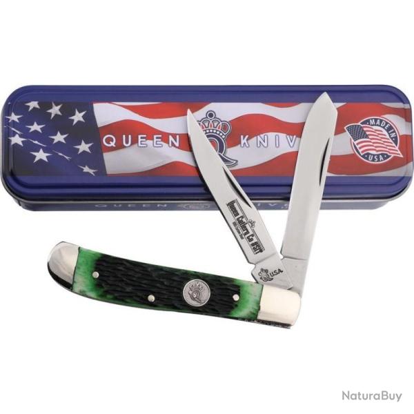 Couteau Pliant Queen Cutlery Mini Trapper Lame Acier Inox Manche Os Vert USA QGPSB07