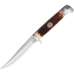 Couteau Queen Cutlery Small Hunter Lame Acier Inox Manche Os Ambr&eacute; Winterbottom Etui Cuir USA QAWB63