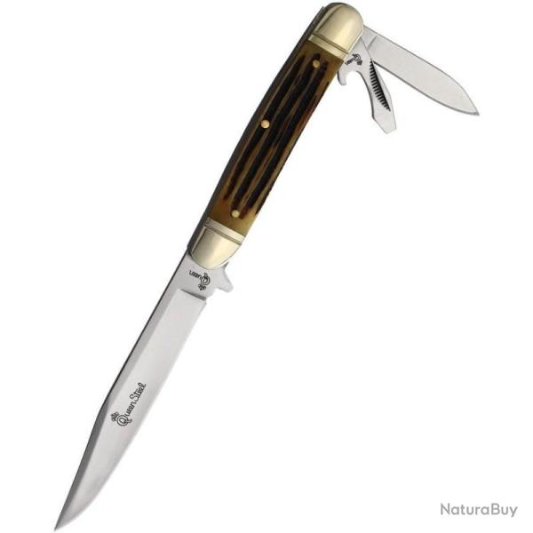 Couteau Queen Cutlery Fixed Folder Lame Acier 440C Manche Os Marron Winterbottom Etui Cuir QN86WB
