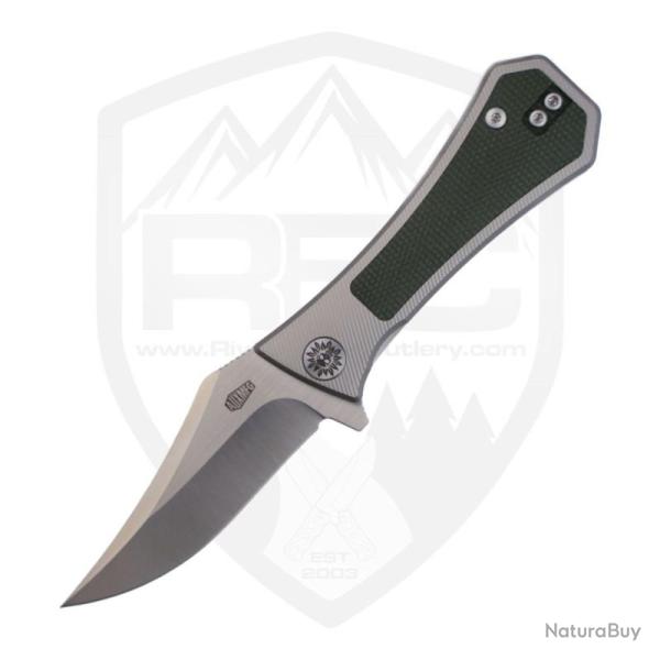 Couteau Auxiliary Pocket Bowie Lame Acier M390 Manche Titane Micarta Vert Frame Lock AUX002MGN